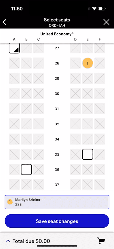 ユナイテッド航空のオンラインチェックインの画面。座席表示。選択した席の追加料金が表示される。追加がなければ0円