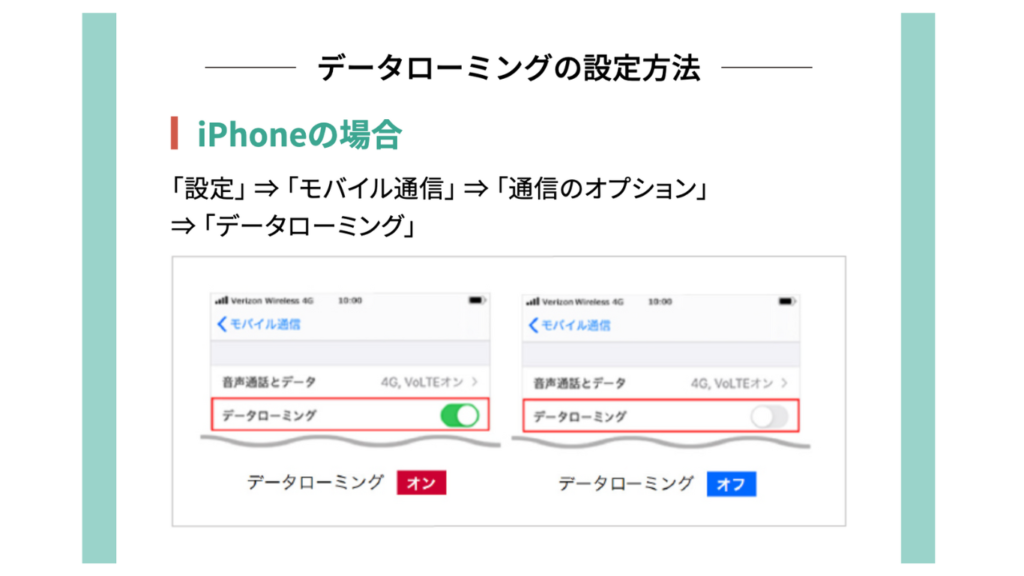 iPhoneデーターローミングの設定方法
設定 → モバイル通信 → 通信のオプション → データローミング → ON
