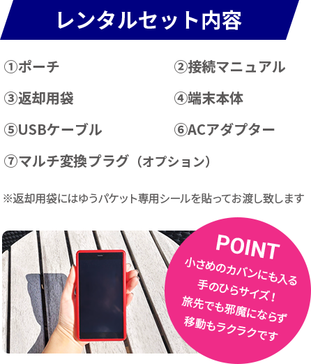 レンタルセット内容　ポーチ　マニュアル　返却袋　端末　USBケーブル AC アダプター