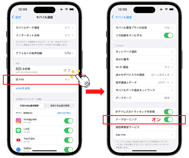iPhoneモバイル通信画面のデータローミング画面