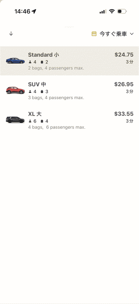 ストロールの車種を選ぶ画面。sたんだーどやSUV、XLから選べる。