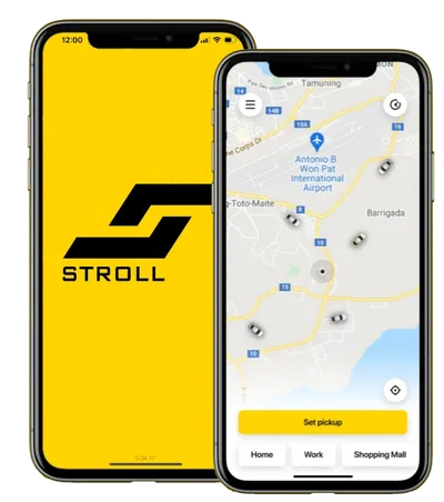 携帯画面が二つ並ぶ。一つはストロールの黄色の背景に黒でSTROLLとロゴ。もう一つはストロールの操作画面