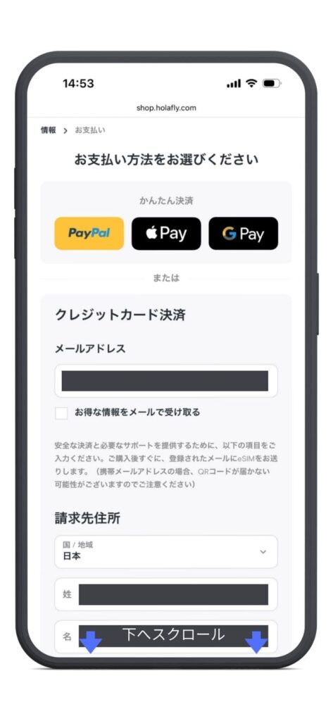 Holafly（オラフライ）公式サイト　一つ前の画面を下にスクロールした画面　個人情報を再度確認