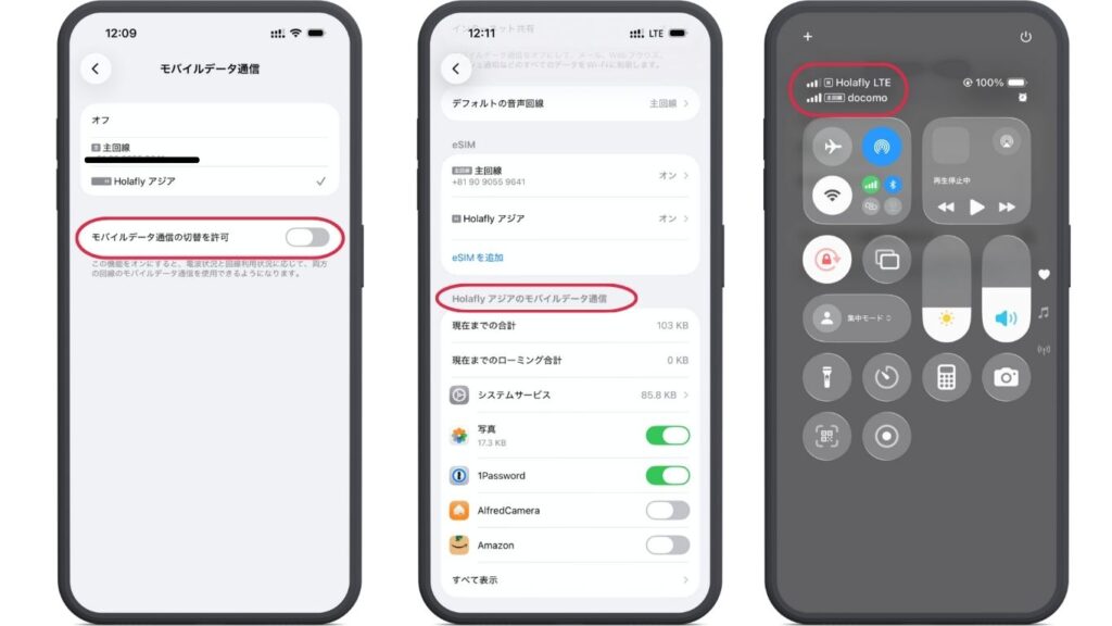 モバイルデータ通信のHolaflyアジアにチェック モバイルデータ通信の切替を許可をオフ 電波表示にHolaflyアジアのモバイルデータ通信が表示される
