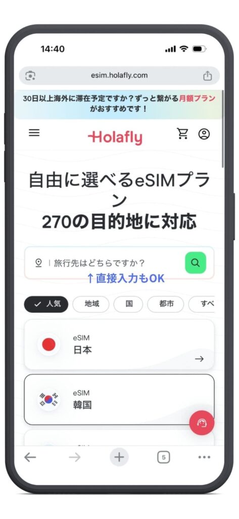 Holafly（オラフライ）公式サイト　自由に選べるeSIMプラン　270の目的地に対応　国旗と国名