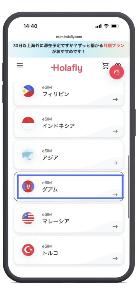 Holafly（オラフライ）公式サイト　フィリピン　インドネシア　アジア　グアム　マレーシア　トルコ　の国旗と国名　グアムを選択