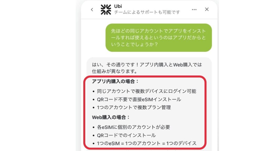 Ubigiのアプリ内購入とWeb購入についての違いについての問い合わせ内容。アプリは同じアカウントで付くづうデバイスでログイン可能。Webは個別のアカウントが必要