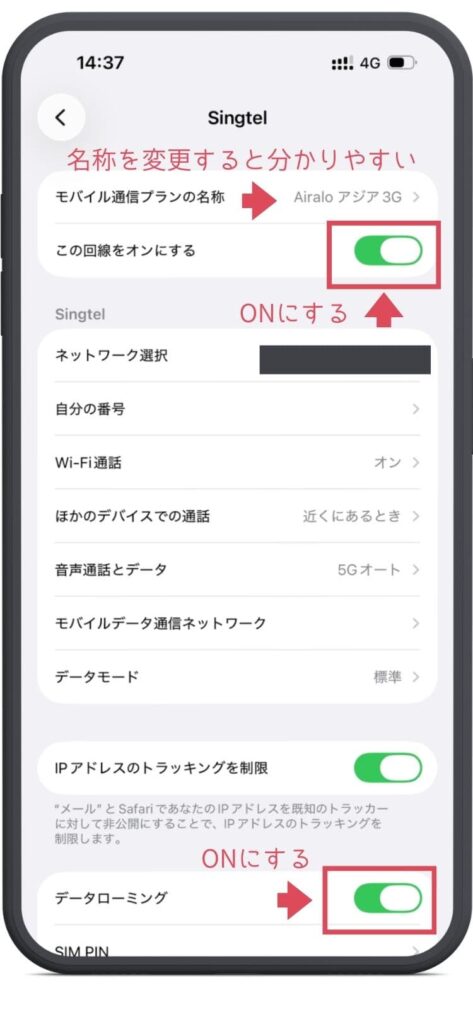 iPhoneの設定画面。Singtelのモバイル通信プランの名称がAiraloアジア3G
となっている。この回線をオン。データローミングをオンにする