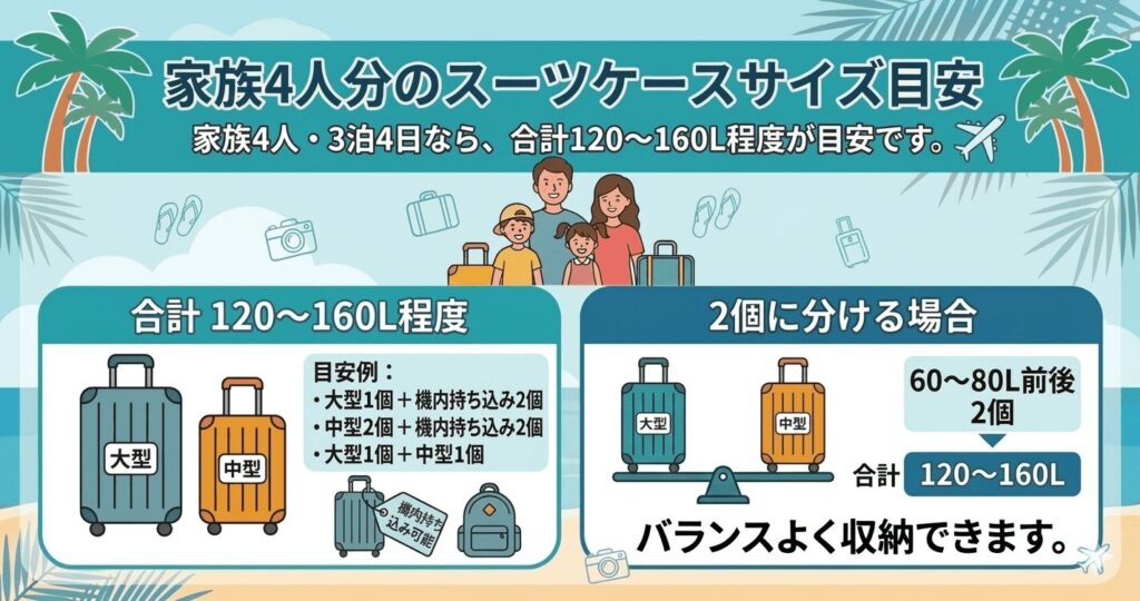 家族4人分のスーツケースサイズ目安
家族4人・3泊４日なら、合計120〜160L程度が目安。